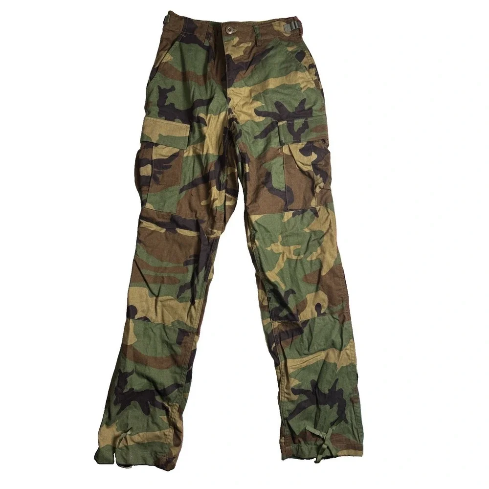 Woodland Camo Military Cargo Pants Regular Fit Button Closure Size XS Reg